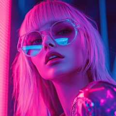 Fototapeta premium Bold neon colors blended, Fashionable Young Woman with Pink Hair and Retro Sunglasses in Neon Lights Environment