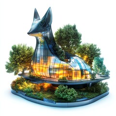 An imaginative architectural design resembling a fox, surrounded by lush greenery and modern features.