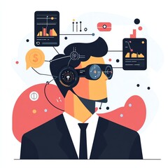 An innovative figure representing data analysis with modern technology interface elements around.