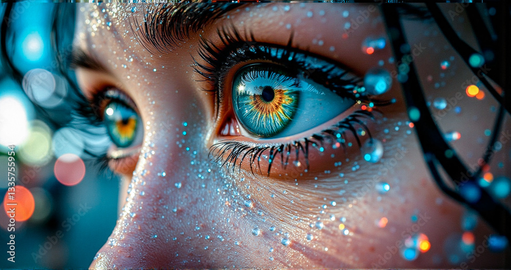 Poster close-up capturing captivating eyes with vibrant blue and yellow hues, adorned with shimmering water