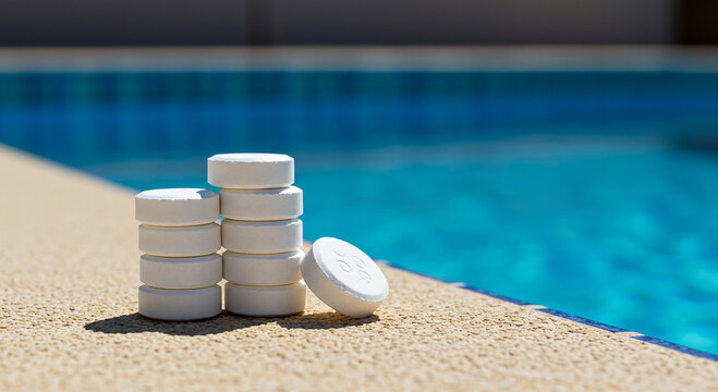 Stack of white chlorine tablets on the edge of a swimming pool, essential for water treatment and pool sanitation under bright sunlight.