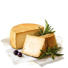 Artistic representation of cheese with herbs and olives on a clean background, perfect for gourmet food themes.