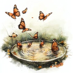 Beautiful butterflies flutter above a serene water pool surrounded by lush greenery and vibrant flowers.