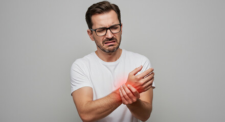 Young man suffering from wrist pain and joint inflammation, experiencing arthritis, tendonitis, or carpal tunnel syndrome, concept of musculoskeletal disorders and physical discomfort