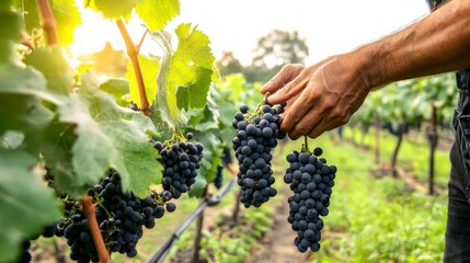 Farmer Harvesting Ripe Red Grapes in Vineyard  Sunny Day