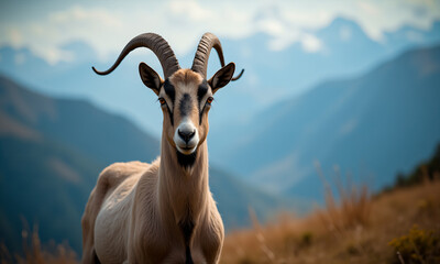Obraz premium A horned goat gazes forward, standing on a grassy hill against a backdrop of distant, layered mountains under a bright sky.