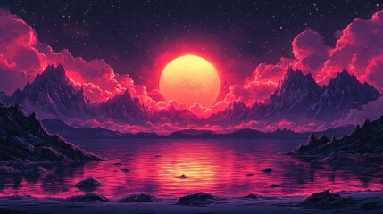 Crimson Sunset over Majestic Mountains and Serene Lake