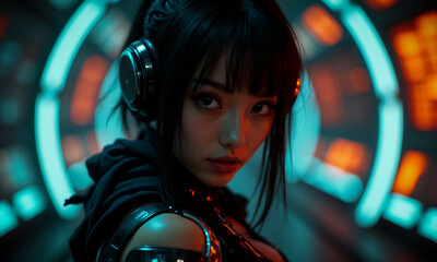 Woman with dark hair and headphones stares intensely. Futuristic lights in blue and orange create a cyberpunk ambiance with metallic accents.