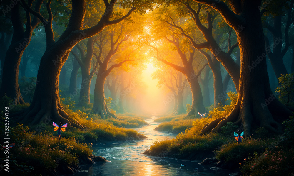 Aufkleber sunlight streams through forest trees, lighting a gentle river. butterflies flutter in this magical,