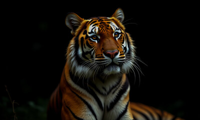 Fototapeta premium A majestic tiger with orange and black stripes gazes intently against a dark backdrop. Its fur appears soft, and its eyes are alert, showcasing its wild beauty.