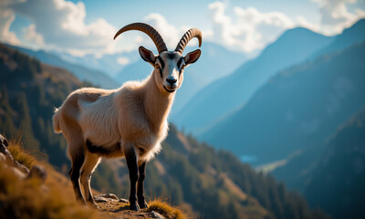 Obraz premium A majestic goat stands proudly on a mountain ridge, with a stunning vista of rolling hills and a bright sky in the background, bathed in warm sunlight.