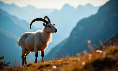 Fototapeta premium A majestic goat with curved horns stands proudly on a mountain slope, overlooking a scenic vista of layered peaks under a bright sky.