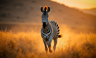 Obraz premium A zebra gallops across a golden savanna during a warm sunset. The wild mammal's stripes are highlighted in the beautiful light of nature.