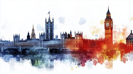 Fototapeta premium Colorful watercolor London skyline featuring Big Ben and the Houses of Parliament in a detailed vector illustration. Flat 2D design with simple lines and minimalistic style on a white background.