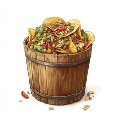 Colorful bucket overflowing with delicious nachos topped with fresh vegetables and spices, perfect for a snack or party.