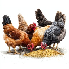Colorful hens pecking at grains, showcasing a lively farm scene filled with textures and hues.