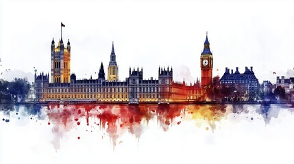 Colorful watercolor London skyline featuring Big Ben and the Houses of Parliament in a detailed vector illustration. Flat 2D design with simple lines and minimalistic style on a white background.