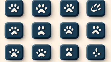 Twelve dark-blue square buttons featuring various paw prints and a sprout.