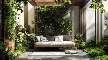 Cozy and modern patio with a nature themed wooden swing minimalist design and a touch of bohemian elegance