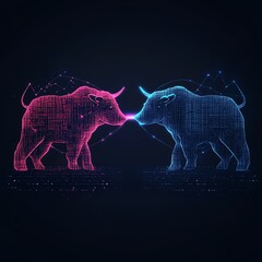 Digital illustration depicting a bull market concept with vibrant red and blue bull figures facing each other.