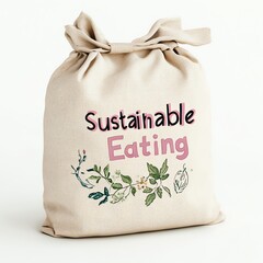 Eco-friendly bag promoting sustainable eating, featuring floral designs and vibrant typography, perfect for conscious consumers.