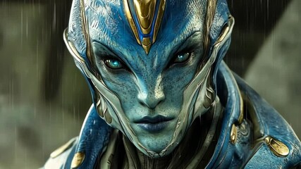 Intricate alien character with blue skin and striking features in a dramatic setting - Powered by Adobe