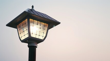A close-up shot of a modern solar lamp, its light gently illuminating, with intricate details visible on its surface, set against a pure white backdrop.