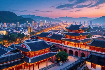 Fototapeta premium Radiant Historical Asian Town with Stunning Cityscape and Enchanting Views at Dusk