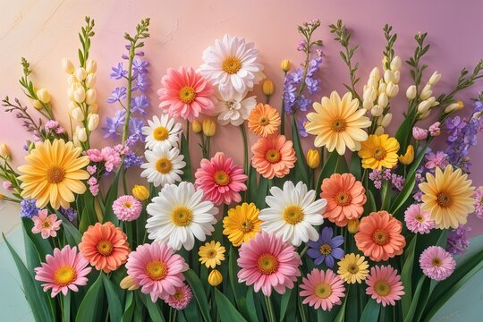 Cheerful Spring Floral Display with Radiant Flowers on a Gentle Pastel Background for Celebrations