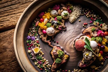 Fototapeta premium Macro Earth Plate Photography: Global Cuisine Unity, Food Photography, Closeup, Detailed, World Food, Culinary Art, Plate Design