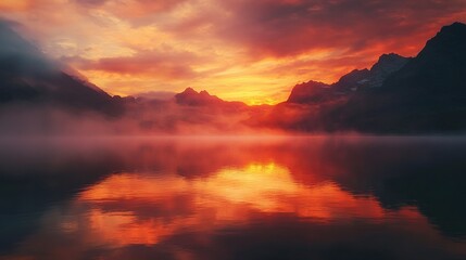 Fiery Sunset over Misty Lake: A breathtaking panorama captures a vibrant sunset casting fiery hues across a still lake nestled amidst majestic mountains, the scene shrouded in a mystical morning mist.