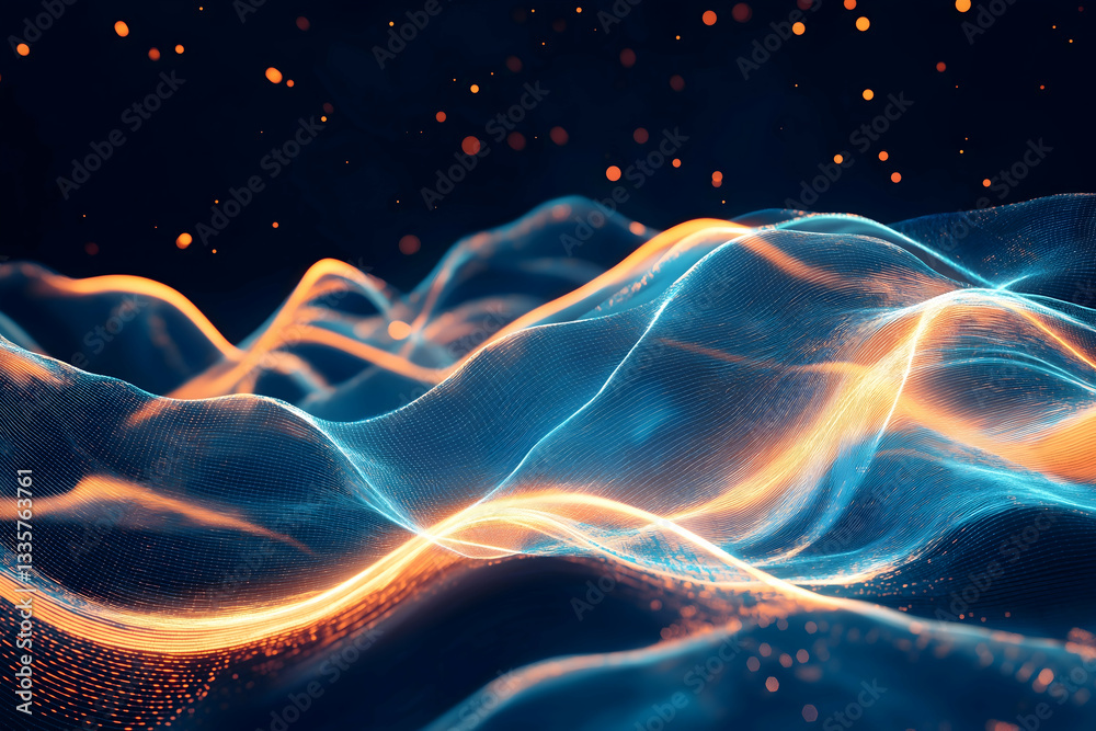 Poster a vibrant, abstract representation of flowing waves of light and color, showcasing dynamic patterns 