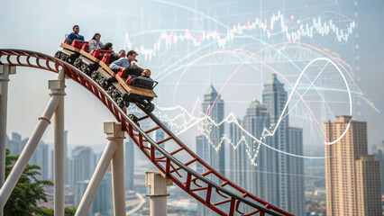 economic risk + inflation + credit risk roller coaster ride with financial graphs in background symbolizes market volatility