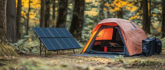 Orange and black camping tent set up in forest, accompanied by solar panels, black backpack, and red cup. Autumnal trees in background present outdoor camping and nature adventure concept.