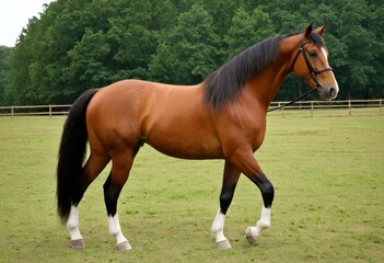 Fototapeta premium There is a brown horse with black mane walking in the field