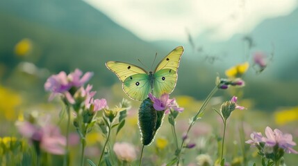 A butterfly emerging from a chrysalis, with vibrant colors and a soft-focus garden background.