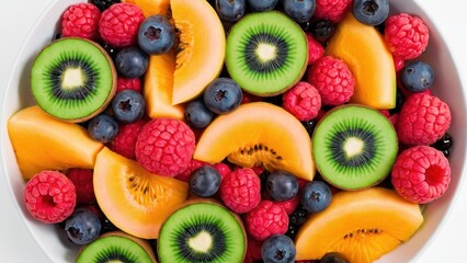Obraz premium Colorful bowl of fresh fruit salad showcasing berries and melons