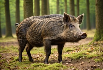 Fototapeta premium There is a piglet standing in the middle of the forest