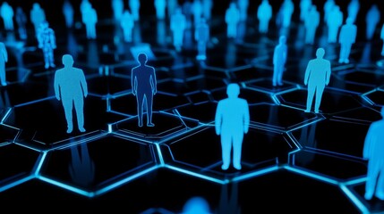 Fototapeta premium Image of training icons in blue color, hexagon shape on touch screen and business people