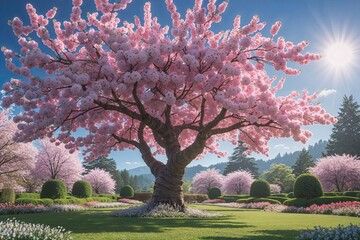 Three-Dimensional Graphic of a Cherry Blossom Tree in a Picturesque Garden Under a Sunny Sky