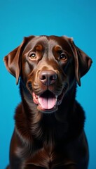 Fototapeta premium Close-up of chocolate labrador retriever on blue background, loyal, cute, adorable