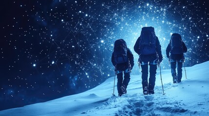 Three hikers ascend a snowy mountain path under a starlit sky, illuminated by futuristic digital connections