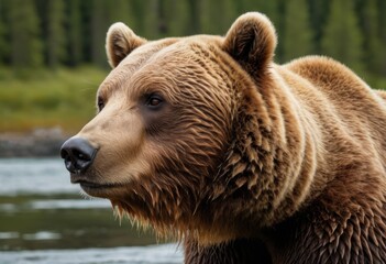 Obraz premium There's a brown bear standing in the water looking at something