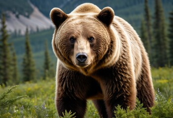 There was a large brown bear crossing a meadow