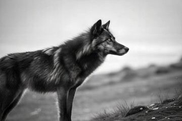 Wild Wolf Standing and Watching Attentively in Black and White