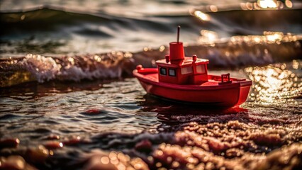Obraz premium Macro Photography: Tiny Red Boat on Ocean Waves, Seascape Detail, Close-up Boat, Maritime Scene, Red Miniature Ship