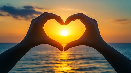 Hands Forming A Heart Shape Around The Setting Sun Over The Ocean