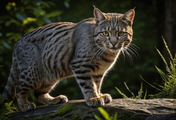 There was a cat standing on a rock in the grass