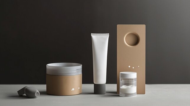 Dynamic composition of hand care products with an elegant tube of moisturizing gel a minimalistic plastic container and a designer cardboard pack