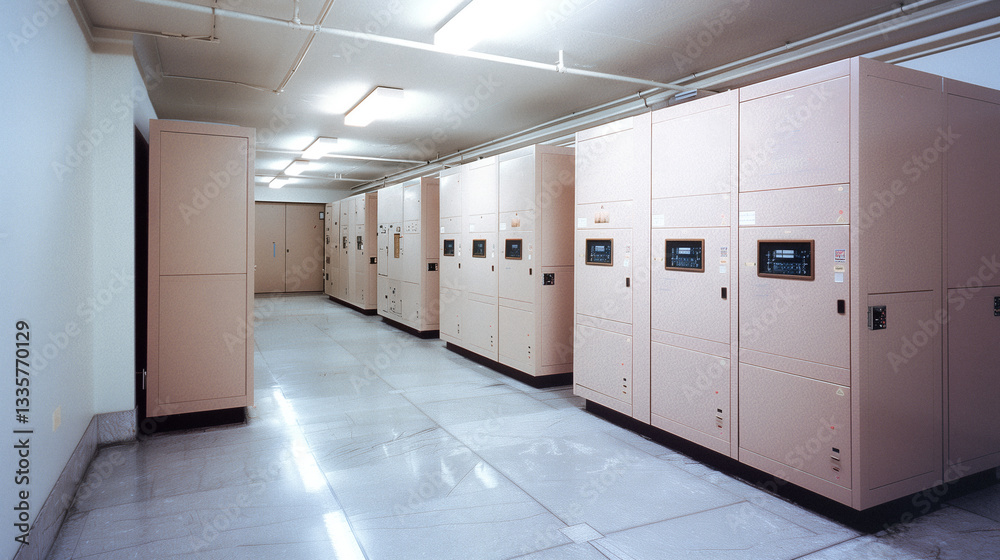 Poster data storage room: a long corridor showcases rows of data storage cabinets with digital interfaces, 
